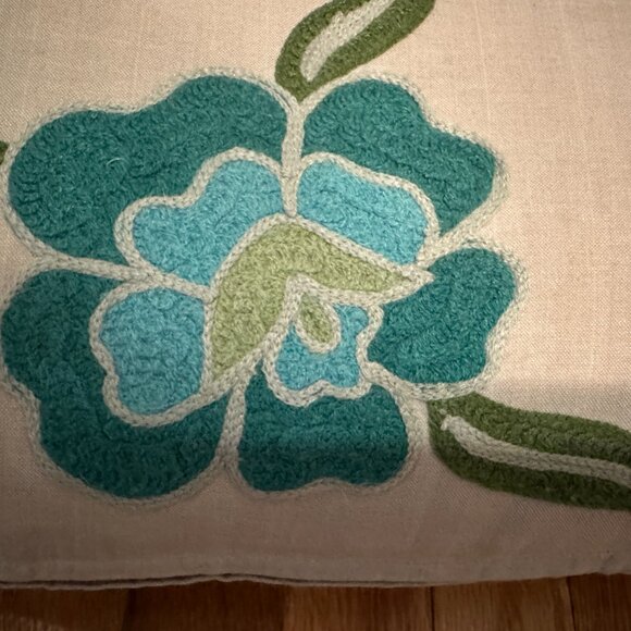 NEW Pier One Lumbar Embroidered floral blue and Green Pillow w/ tan background - Picture 6 of 11
